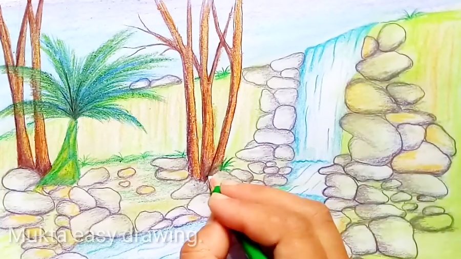 How To Draw Scenery Of Stream Waterfall Step By Step Easy Draw