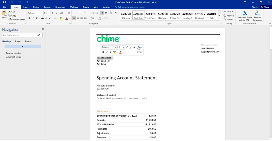 USA CHIME BANK STATEMENT WORD AND PDF TEMPLATE 3 PAGES