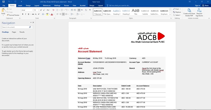 UAE DUBAI ADCB BANK STATEMENT TEMPLATE IN WORD AND PDF FORMAT