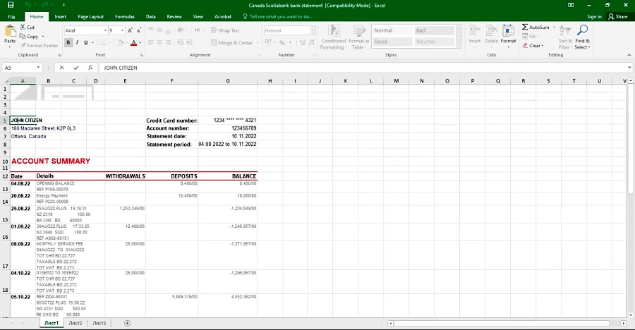 Canada Scotiabank Bank Statement Excel And Pdf Template Fully Editable