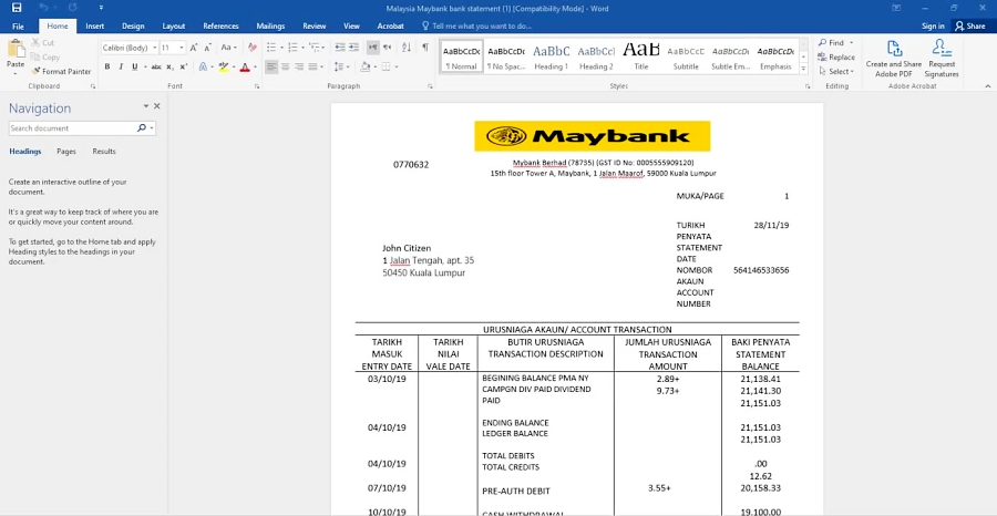 MALAYSIA MAYBANK BANK STATEMENT TEMPLATE WORD AND PDF FORMAT DOC AND