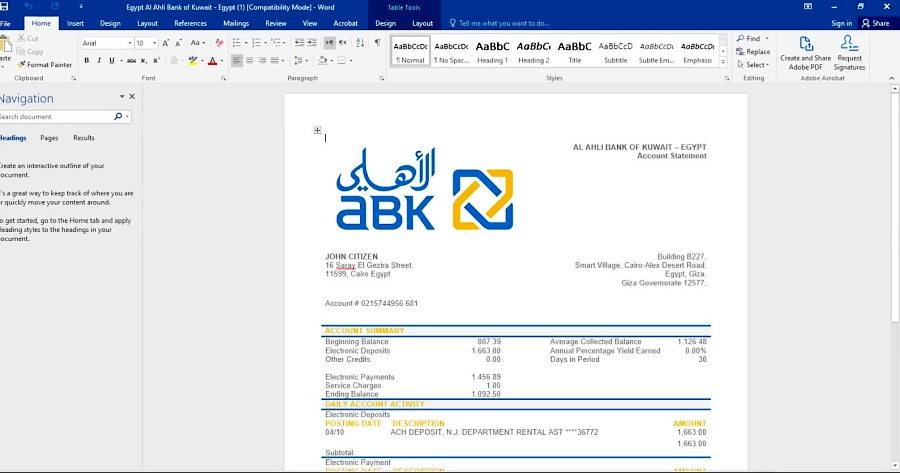 EGYPT AL AHLI BANK OF KUWAIT BANK STATEMENT EASY TO FILL TEMPLATE