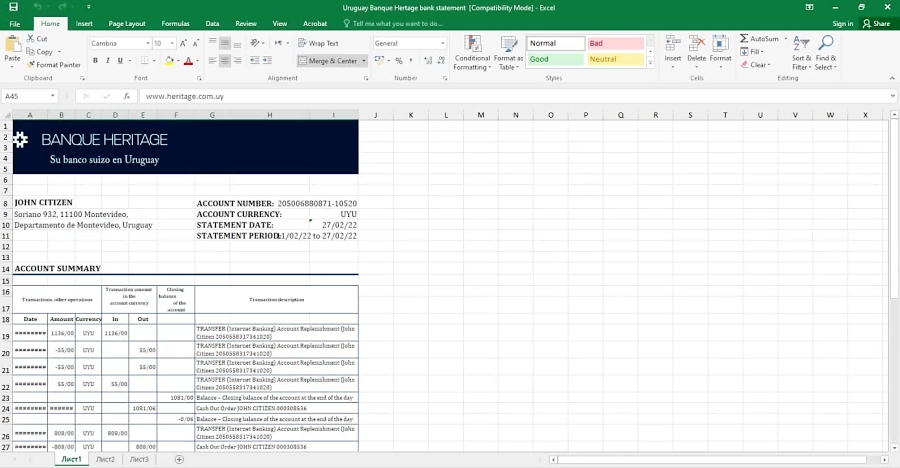 URUGUAY BANQUE HERITAGE BANK STATEMENT EXCEL AND PDF TEMPLATE