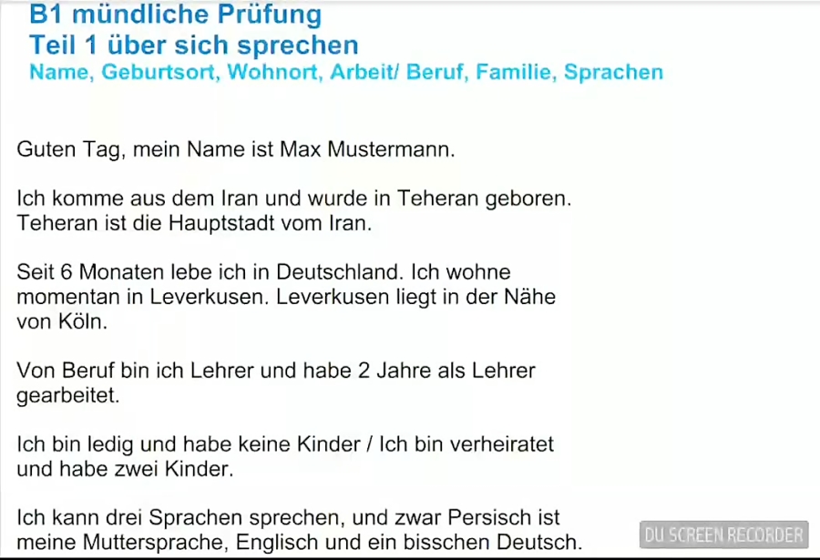 B1 Mündliche Prüfung, Teil 1 über Sich Sprechen/ قسمت اول امتحان شفاهی ب۱