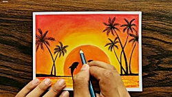 dolphin sunset scenery drawing with oil pastels