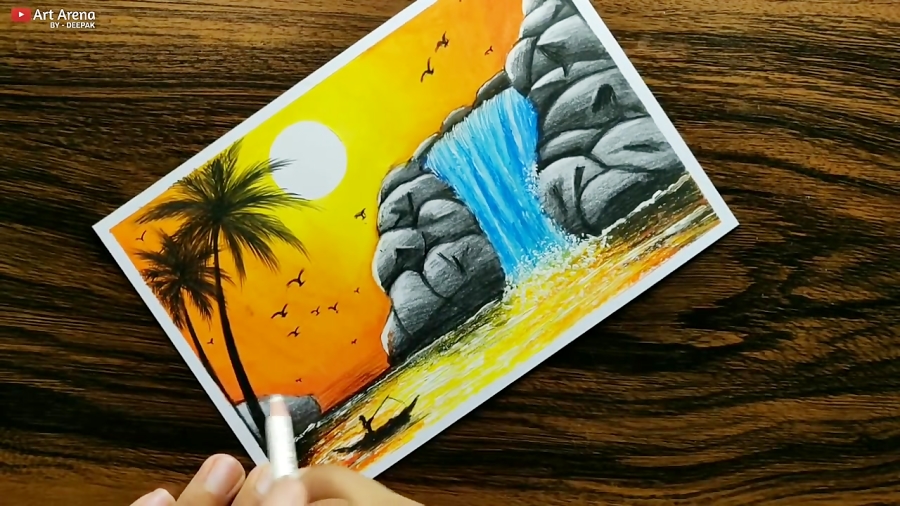 Waterfall Drawing With Oil Pastels - Step By Step