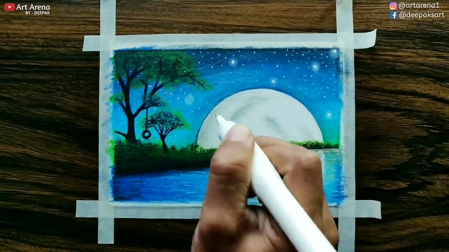 Beautiful Moonlight scenery drawing with Oil Pastels - step by step