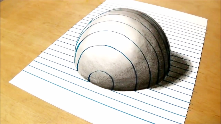 Trick Art on Line Paper Drawing Half Sphere Optical Illusion