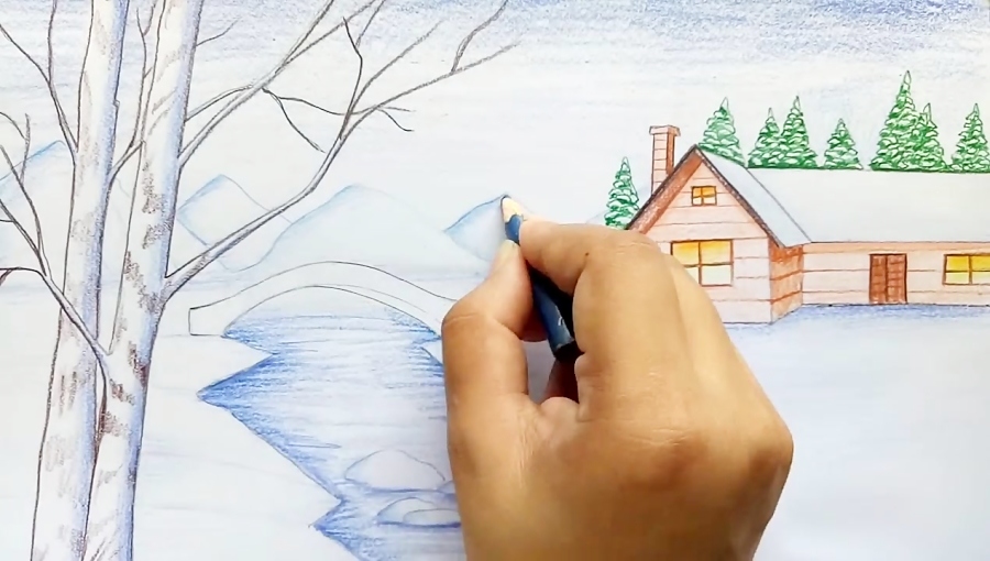 How To Draw Snowfall Scenery Step By Step