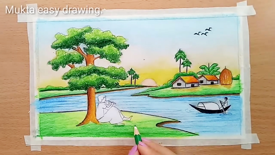 How To Draw Scenery Of Riverside Village With Oil Pastel Step By Step Easy Draw Ø¯ÛŒØ¯Ø¦Ùˆ Dideo