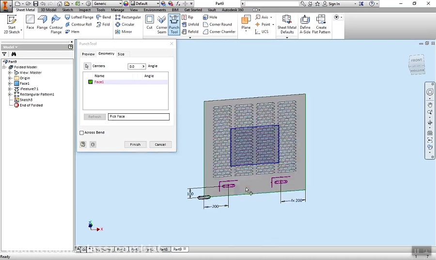 طراحی درب کولر توسط پانچ (Punch Tool Inventor sheet metal) در شیت متال