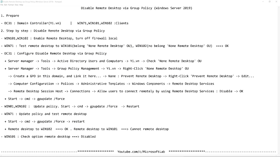 Disable Remote Desktop via Group Policy Windows Server 2019
