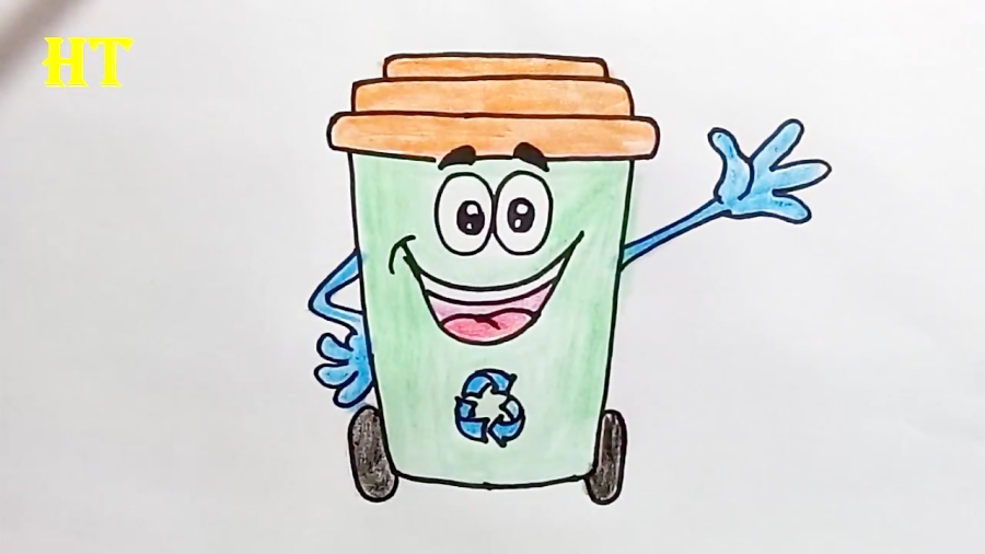 recycle bin drawing for kids | How to draw a cartoon recycle bin cute and easy