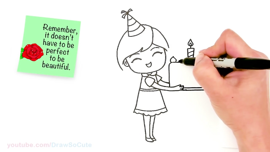 How to Draw a Birthday Cute Girl Holding a Cake