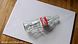 نقاشی بطری سه بعدی خالی کوکاکولا روی کاغذ