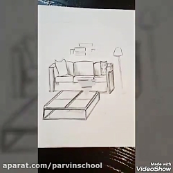 آموزش نقاشی، پرسپکتیو یک نقطه ای، طراحی داخلی مبل