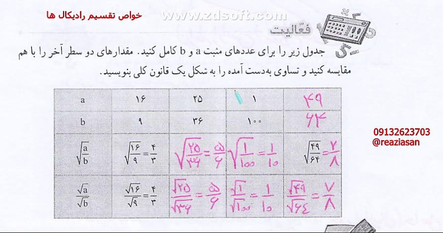 خواص تقسیم رادیکال ها صفحه ۱۱۶ کتاب ریاضی هشتم