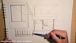 ترسیم یک خانه مدرن با پرسپکتیو یک نقطه ای
