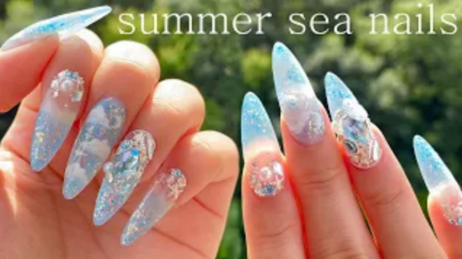 ترفند های ناخن|کاشت ناخن با دختر کره ای|ناخن طرحSUMMER SEA|دیزاین ناخن دریا
