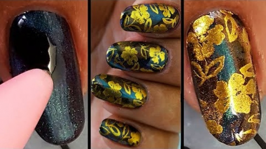 ایده های خلاقانه هنر ناخن _ طراحی ناخن گل های طلایی