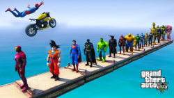 چالش پرش تیم مرد عنکبوتی از روی تمام ابر قهرمانان روی پل ، بازی GTA مود شده