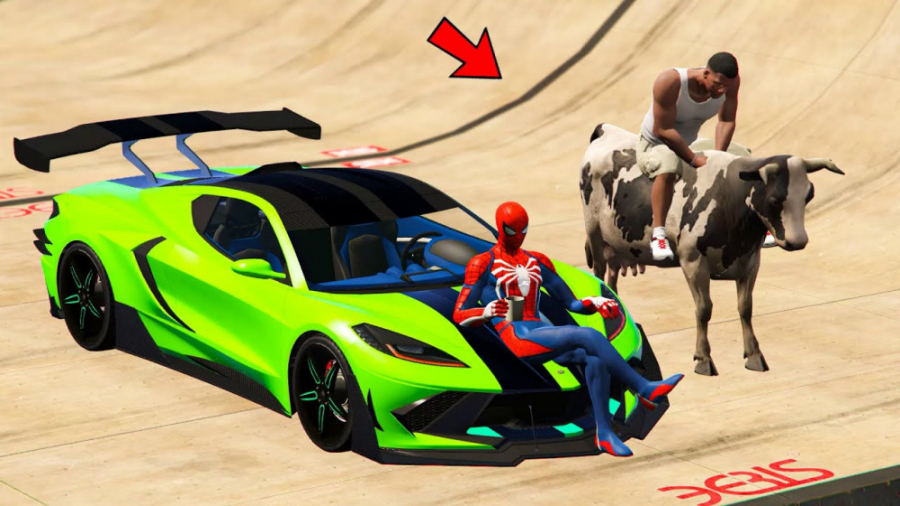 مسابقه ماشین مرد عنکبوتی و فرانکلین گاو مگا رمپ پرش طول - GTA 5 MRCP