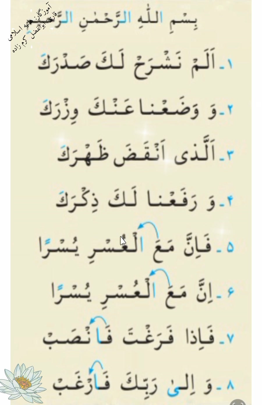 قرآن دوم دبستان، صفحه ی ۷۸ و ۷۹، سوره ی انشراح، آموزگار هانیه اسلامی