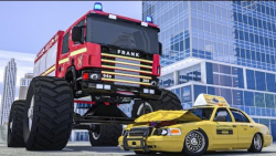 کارتون ماشین کودکانه: کامیون هیولا لاستیک آتش نشانی در تصادف با تاکسی