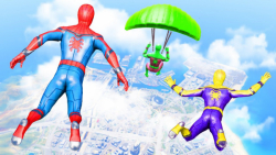 پرش مرد عنکبوتی سبز و زرد و قرمز ار ارتفاع و فرود با چتر بازی GTA 5