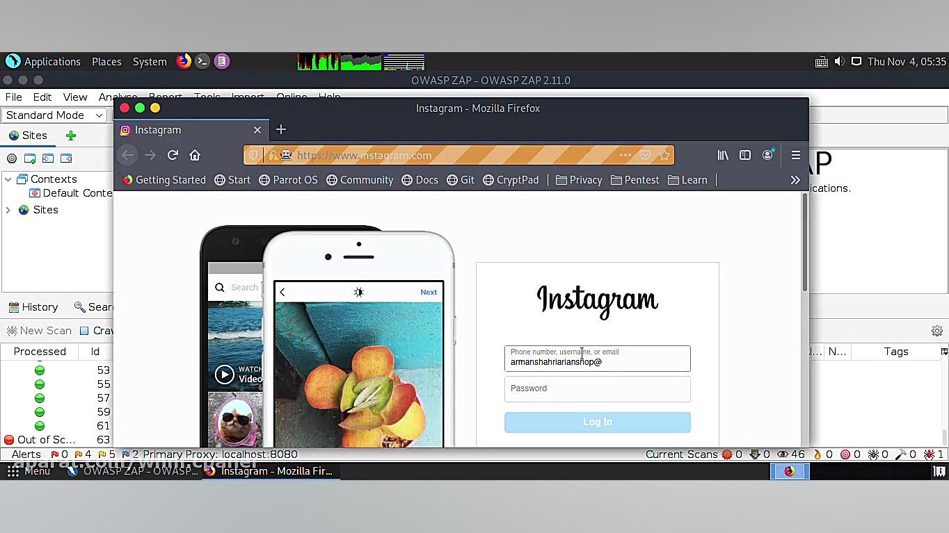 automatic scan instagram with ajaxspider with mozilla owasp zap بیماری نوری آسیب ارثی