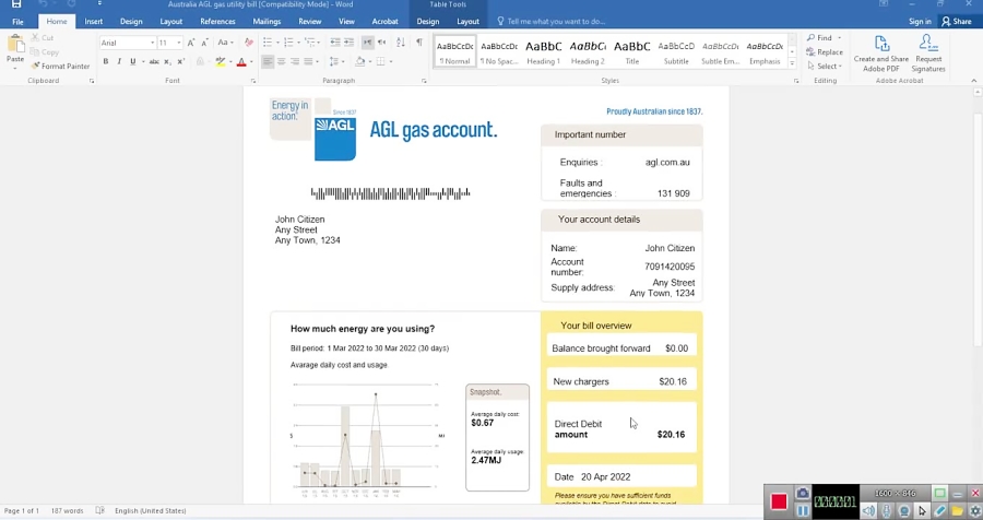 AUSTRALIA AGL GAS UTILITY BILL WORD AND PDF TEMPLATE, VERSION 2