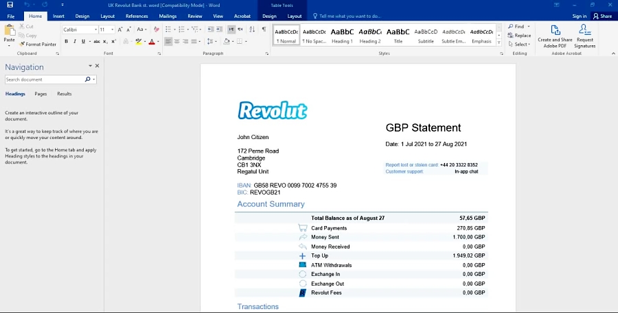 UNITED KINGDOM REVOLUT BANK STATEMENT TEMPLATE IN WORD AND PDF FORMAT