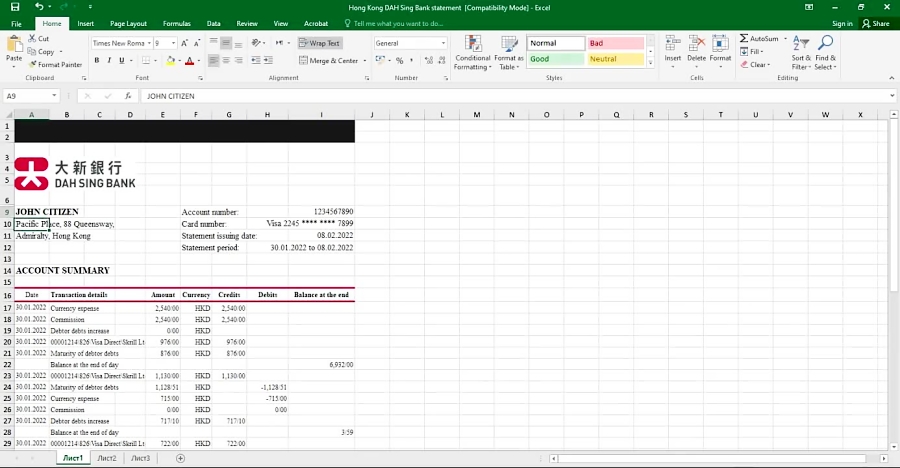 HONG KONG DAH SING BANK STATEMENT EXCEL AND PDF TEMPLATE