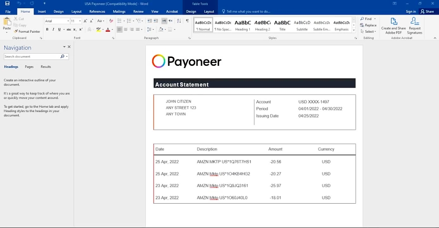USA PAYONEER ACCOUNT STATEMENT WORD AND PDF TEMPLATE