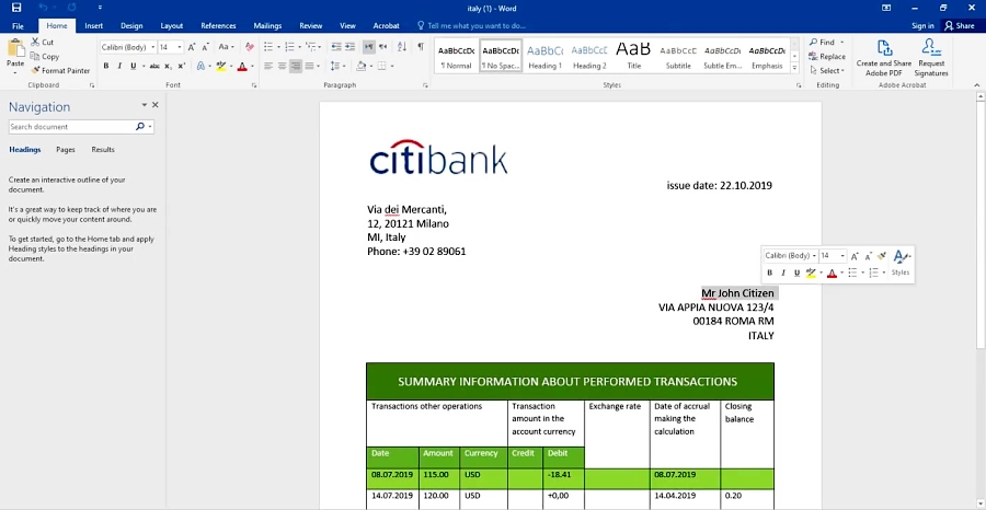 Italy Citibank Statement Template In Doc And Pdf Format Fully Editable 3163