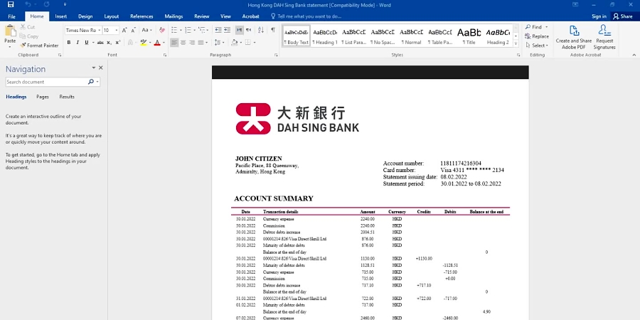 HONG KONG DAH SING BANK STATEMENT WORD AND PDF TEMPLATE