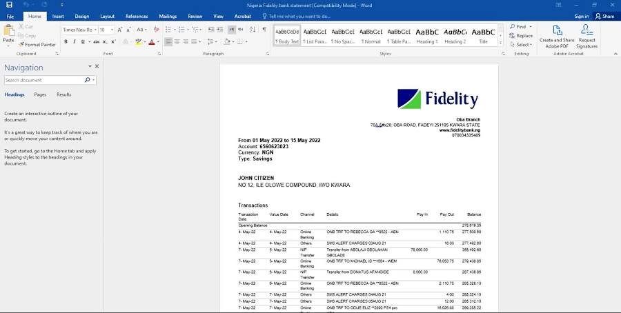 Nigeria Fidelity Bank Statement, Word And Pdf Template