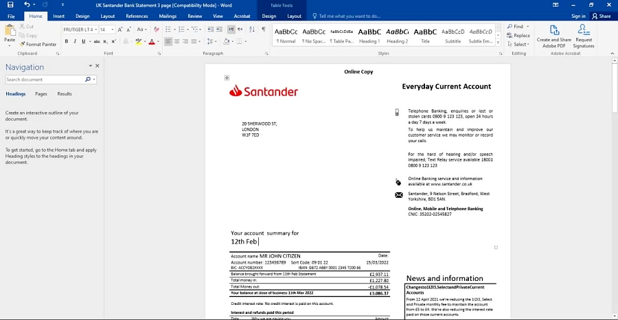 United Kingdom Santander Bank Statement Word And Pdf Template 3 Pages 1310