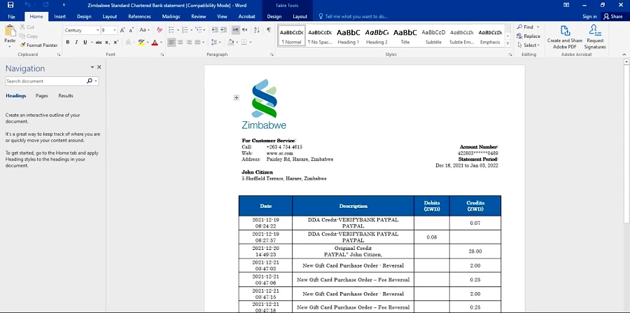 Zimbabwe Standard Chartered Bank Statement Template In Word And Pdf Format