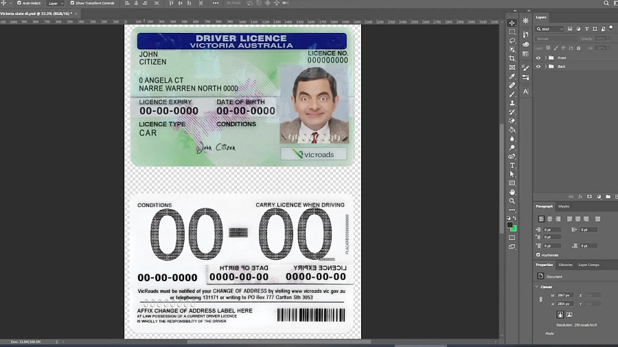Australia Victoria state drivers permit template in PSD format, version 2