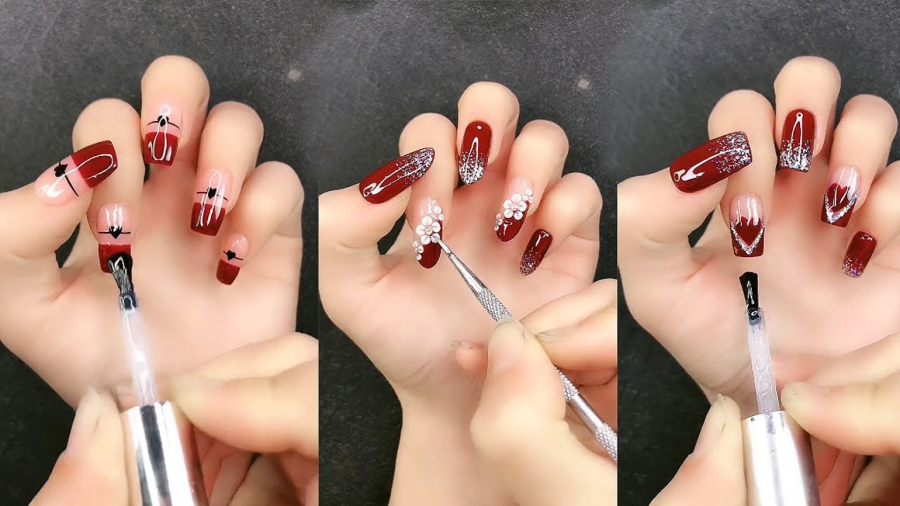 طراحی ناخن با لاک قرمز و نقره ای | طرح لاک ناخن ساده و شیک | نقاشی ناخن