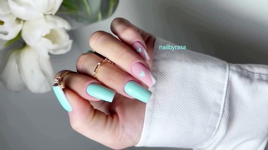 ناخن مصنوعی راسا طرح قلب و فرنچ کج رنگ سبز آبی پاستیلی