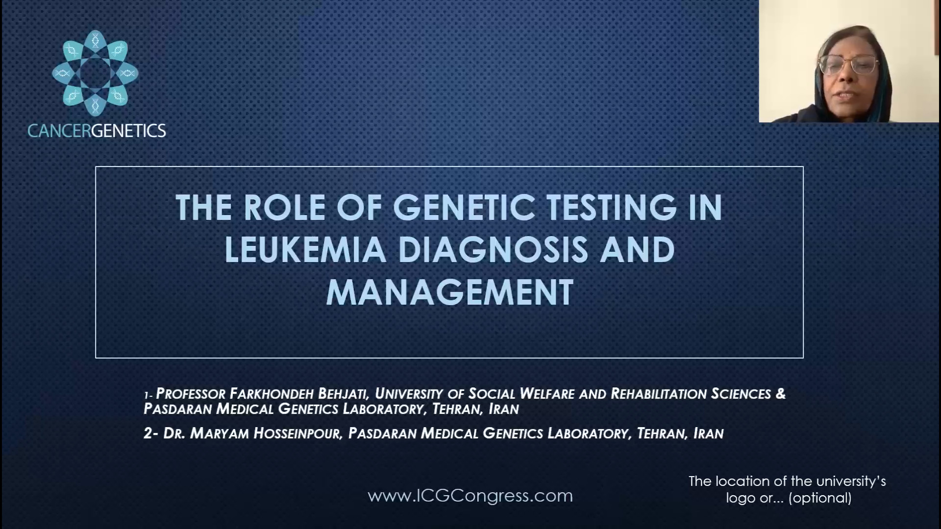 دکتر فرخنده بهجتی در کنگره بین المللی ژنتیک سرطان (از کنسر ژنتیکس تا ژنومیکس) کریس ایوانز