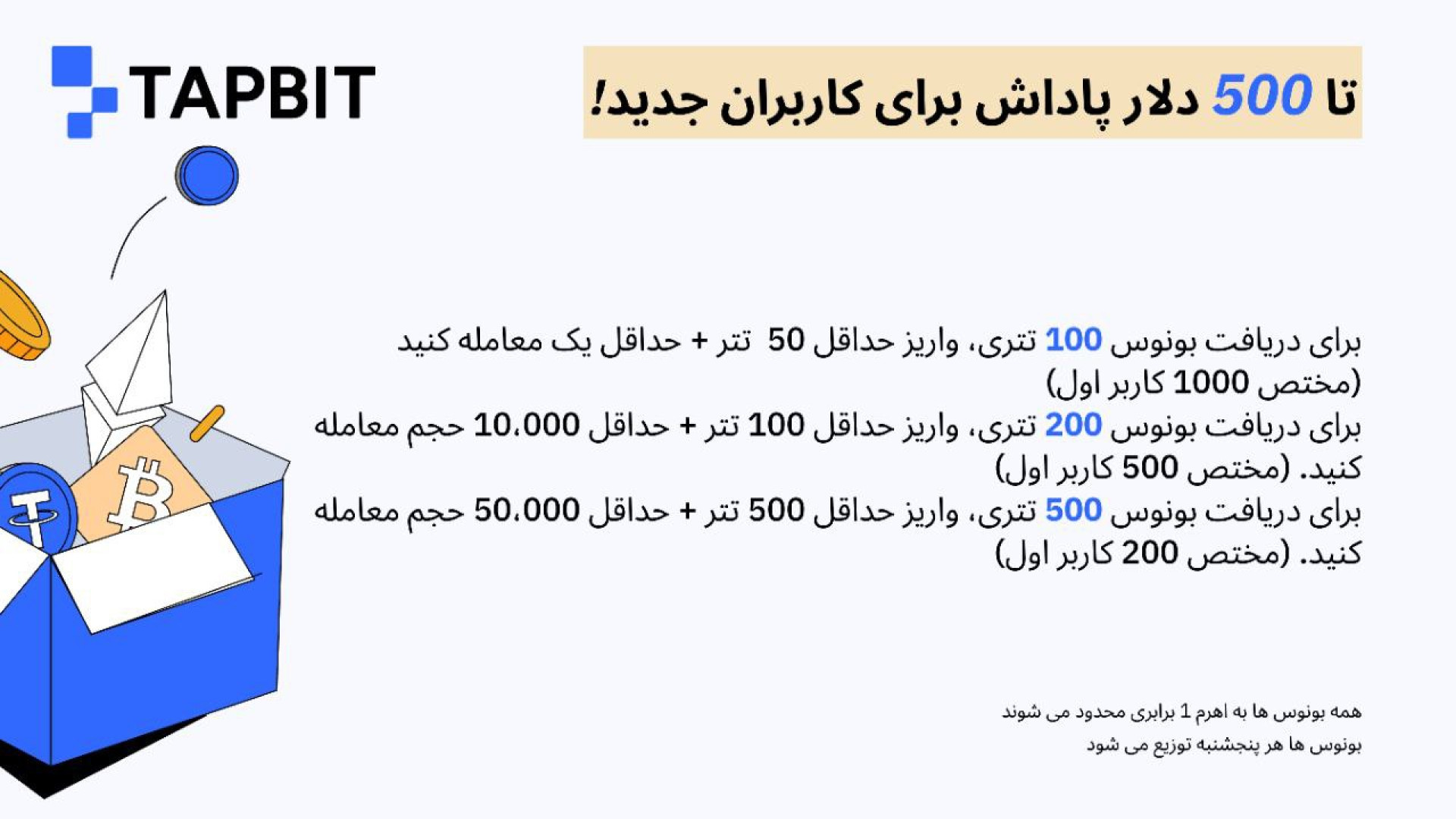 رویداد , دلاری , صرافی , تپ , بیت , شروع , جوایز , جذاب , شد

رویداد , العاده , Tapbit , دلار , پاداش , کاربران , قدیمی , TapBit , بونوس , تتر , کاربر , اول
( , واریز , حداقل , معامله , ) , کا , حجم , معاملاتی , )

️ , اهرم , برابری , محدود , محدودیت , ارز , ️ , پنجشنبه , توزیع