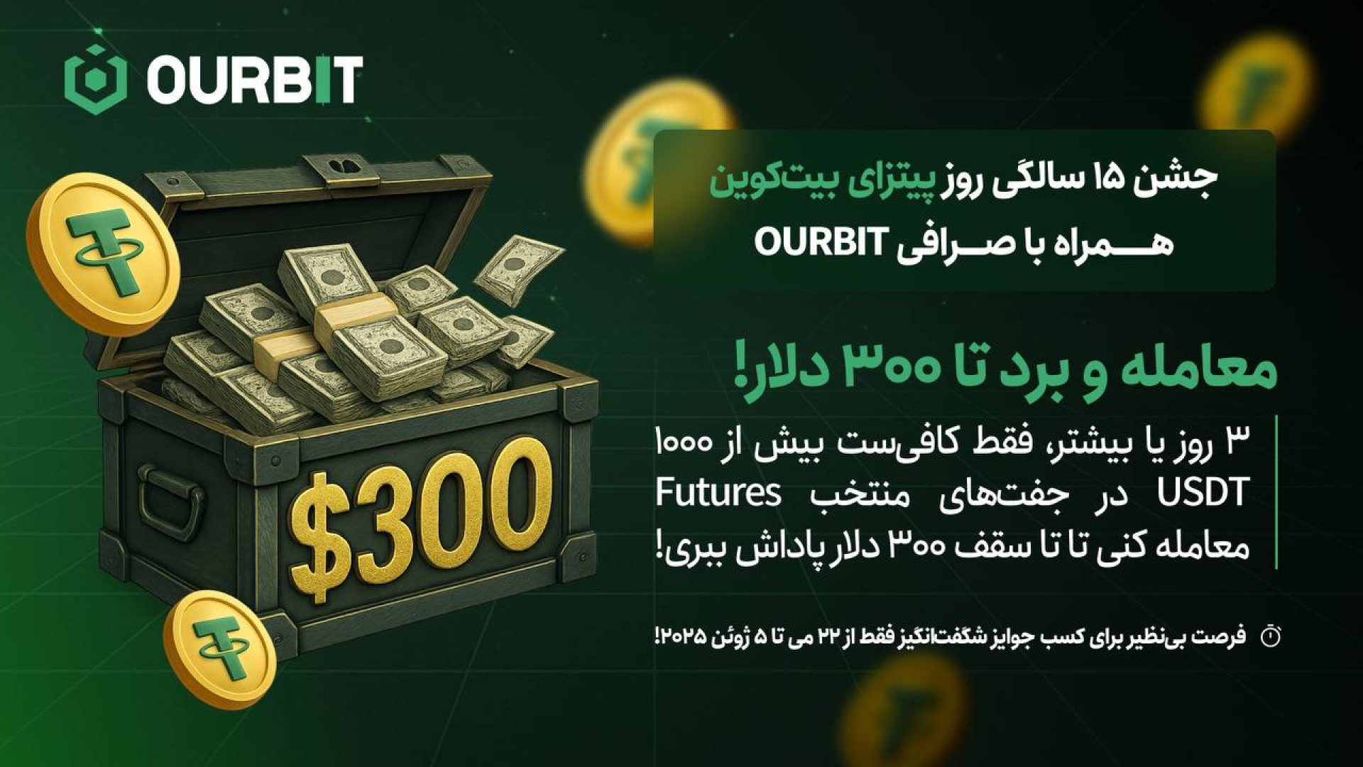 جشن , ۱۵ , سالگی , روز , پیتزای , بیت , کوین , – , همراه , جوایز , بزرگ , نقدی , صرافی , اوربیت , Ourbit , مناسبت , پانزدهمین , سالگرد , بیت‌کوین , رویداد , اختصاصی , کاربران , فارسی‌زبان , برگزار , می‌کند , ۲۲ , ژوئن , ۲۰۲۵ , ادامه , شامل , کش‌بک , قرعه‌کشی , هزاران , دلار , پاداش , جزئیات , وظایف , فرصت‌های , شرکت , کمپین , آشنا , شوید , وظیفه , اول: , شانس , صددرصد , برنده , شدن
با , انجام , معاملات , بخش , Futures , DEX , چرخ , بچرخانید , استثنا , جایزه , دریافت , ویژه: , بیت‌کوین
وظیفه , دوم: , ۱۰۰۰