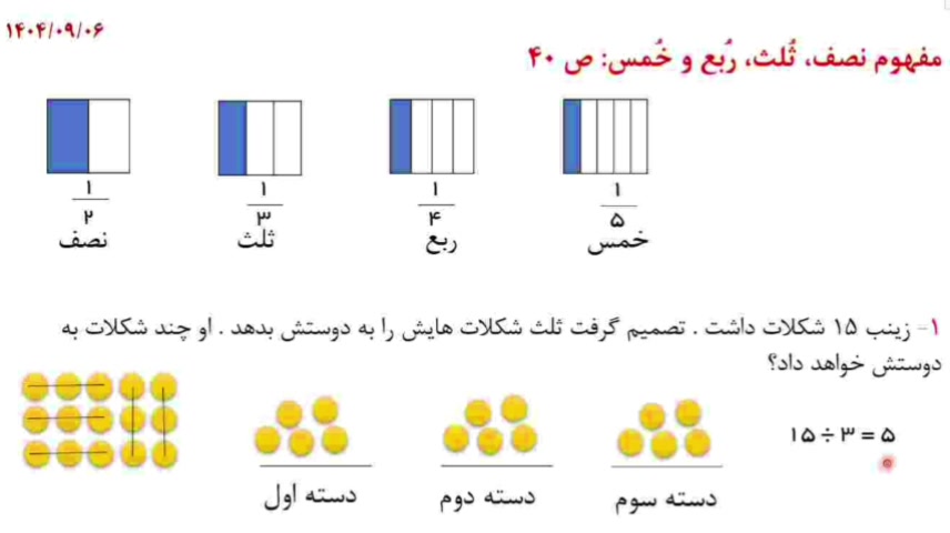 تدریس معرفی نصف، ثلث، ربع و خمس زمان309ثانیه