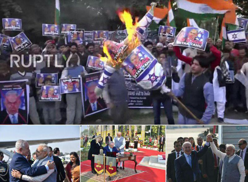 همزمان با ورود نخست‌وزیر رژیم صهیونیستی به هند، صدها نفر در دهلی‌نو و سایر شهرهای این کشور تصاویر او و پرچم اسرائیل را آتش زدند